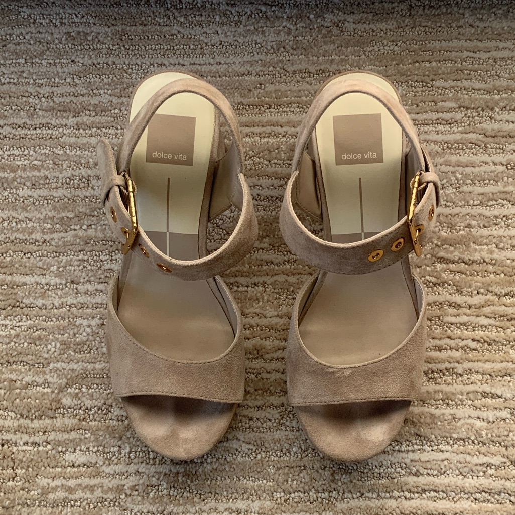Dolce Vita Taupe Suede Sandals With Gold Buckles